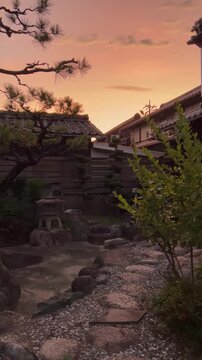 田舎の実家の和風庭園からみた夕焼け