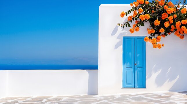 Traditional Greek island architecture style with blue door, white wall, orange bougainvillea and sea view copy space