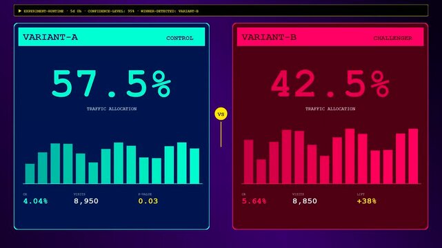 A dynamic digital conversion rate tracker interface actively displays real time A B test results with variant performance metrics and glowing data visualization bars on a dark screen.