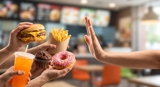 Woman Rejecting Fast Food Meal with Stop Gesture While Choosing Healthy Lifestyle and Balanced Diet Concept in Restaurant Setting