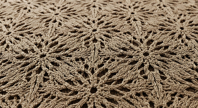 Close-up of beige knitted fabric with a repeating starburst lace pattern, showing intricate yarn texture and geometric crochet stitch details