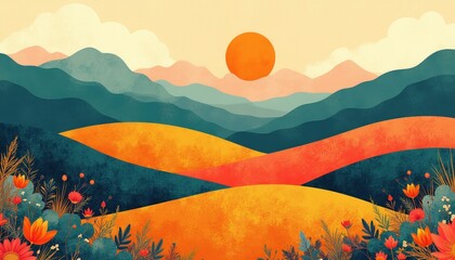 Naklejka premium Abstract mountain landscape with flat geometric hills, sunset sun. Modern art style features vibrant orange yellow floral meadow foreground. Calm nature scenery design for wallpaper banner background