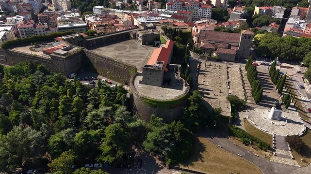Trieste, Italy. Drone Shot of San Giusto Castle, Historical Landmark on Hill Above City
