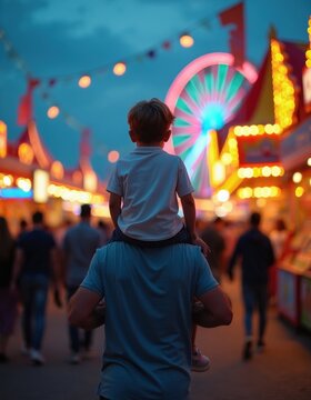 Father carries tired young son on shoulders at amusement park. Dad walks home with small boy after fair ends at night. Bright lights glow in bokeh background. Child rests head man supports kid.