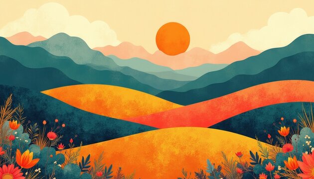 Abstract mountain landscape with flat geometric hills, sunset sun. Modern art style features vibrant orange yellow floral meadow foreground. Calm nature scenery design for wallpaper banner background
