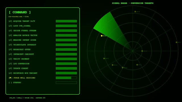 This green conversion rate tracker display shows command progress, analyzing real data and locating targets with a fast radar sweep, depicting vital digital business intelligence work.