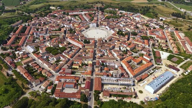 Drone Shot of Medieval Town of Palmanova, Italy, Buildings around Square and Streets in Geometrical Symmetry
