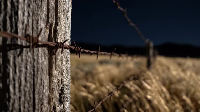 Detailed Close Up View Of Barbed Wire Attached To A Weathered Wooden Post In A Rural Wheat Field At Night