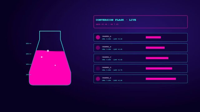 An interactive neon interface displays a decreasing Conversion Rate Tracker with pink flask fluid levels dropping dynamically alongside shrinking digital performance metric bars