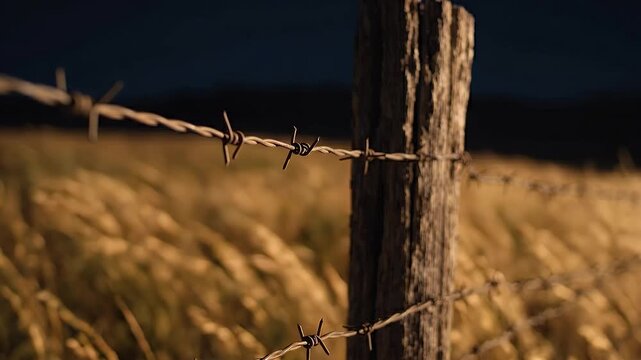 Horizontal View Of Barbed Wire Fence Running Across A Golden Wheat Field With A Wooden Post At Night