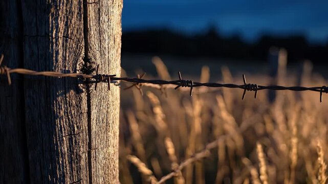 Sunlit Wooden Fence Post With Barbed Wire Against A Dark Blue Evening Sky And Golden Wheat Field