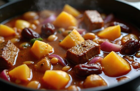 Hearty stew with meat chunks, potatoes, beans, onions, and dates simmers in rich sauce. This flavorful dish is seasoned with spices. Hot food preparation.