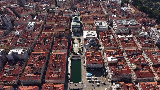 Trieste, Italy. Drone Shot of Canal Grande, Churches and Old Town Buildings, City Landmarks