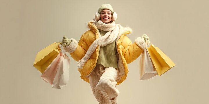 Joyful woman wearing yellow puffer coat and winter accessories carrying colorful shopping bags against neutral studio background.