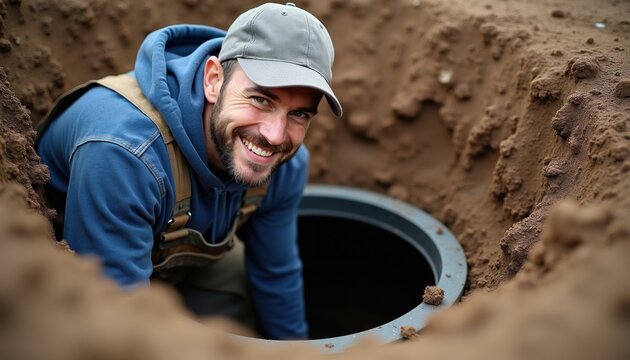 Pro plumber wearing cap, blue hoodie smiles working inside hole. Happy construction worker inspects round sewer hatch in ground dirt. Man repairs municipal drainage system utility infrastructure