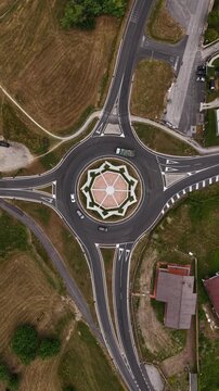 Vertical Drone Shot of Roundabout Traffic With Palmanova Star in Circle, High Angle Aerial View