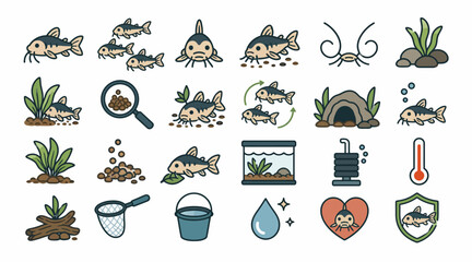 Colorful Aquatic Life and Fishing Icons Collection. © Badak