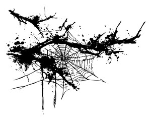 Fototapeta premium Spider web on dead tree branches illustration with black ink splatters, spooky gothic nature sketch