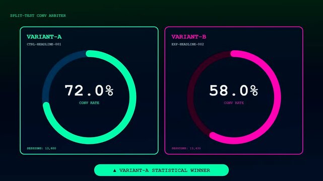 This animated conversion rate tracker dynamically monitors and visualizes digital marketing split test results as progress rings fill up to announce the statistical winner smoothly