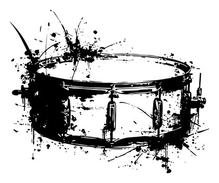 Snare drum musical instrument illustration in black ink splatter style, rock and roll concert sketch