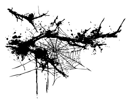 Spider web on dead tree branches illustration with black ink splatters, spooky gothic nature sketch