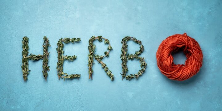 A creative arrangement of herbs forms the word HERBO next to a red donut on a blue surface.