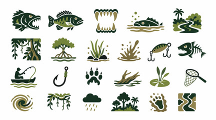 Flat Design Fishing and Aquatic Life Icons Collection. © joni