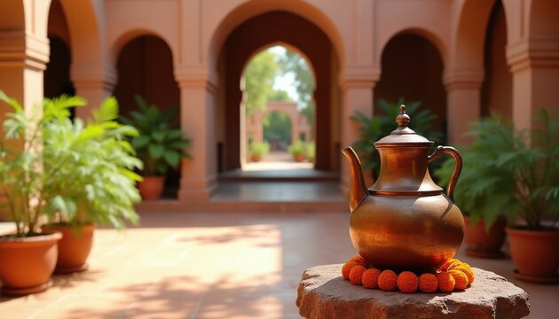 Copper pot stands on stone pedestal with orange flowers in Indian ashram courtyard. Clay pots with green plants decorate building arches. Traditional metal vessel for hydration in spiritual yoga