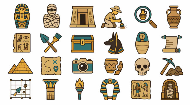 Colorful Egyptian Hieroglyphics and Artifacts Illustration Set.
