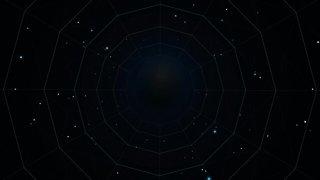 Abstract circular geometric web structure with flickering light particles, motion background for digital data analysis and technology visualizations