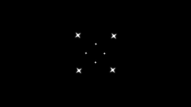 Sparkling white cartoon star twinkle animation, cute blinking doodle stars flat vector motion graphics, magical glitter dust trails and glowing light burst overlay on 4k dark screen,