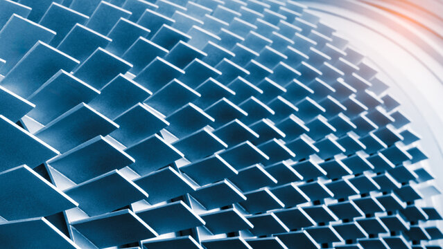 Close-up of metal turbine blades, tech industrial technology background