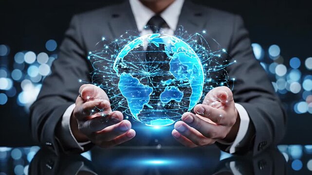 Businessman hands holding glowing digital globe in dark office.