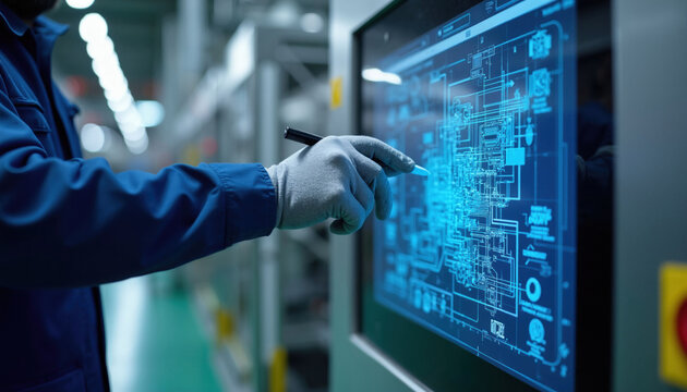 Industrial technician wears protective glove using digital stylus on large hmi touch panel display. Engineer checks complex machine schematic blueprint diagram in manufacturing plant. Automated