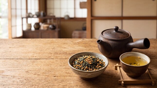Traditional Japanese Genmaicha Tea Set with Roasted Rice Green Tea Leaves and Teapot on Wooden Table