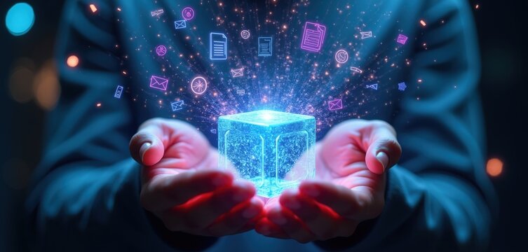Person holds glowing blue cube with floating digital icons in palms. Artificial intelligence automation transforms documents, data streams into neon symbols. Futuristic software interface