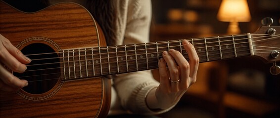 Obraz premium Close-up of a female hand playing acoustic guitar, showing musical creativity, passion, craftsmanship, and artistic expression with warm lifestyle photography.