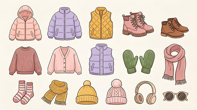 Set of winter clothing and accessories including puffer jackets, vests, sweaters, boots, scarves, knit hats, mittens, and ear muffs in pastel colors