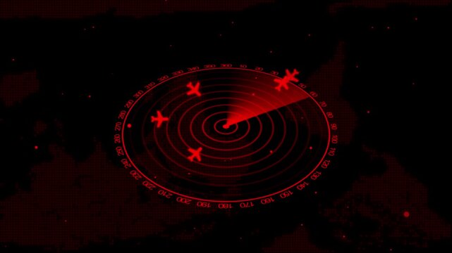 Red radar screen with airplane tracking digital aviation surveillance interface, air traffic control monitoring system animation