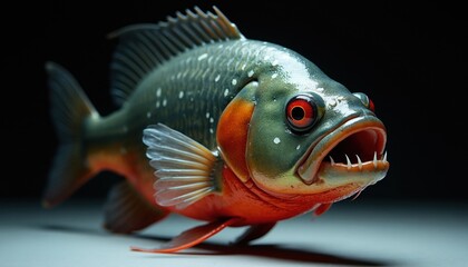 Fototapeta premium Single piranha fish closeup on dark studio background. Dangerous aquatic animal with sharp teeth, red eyes looks aggressive. Fresh water predator from Amazon river nature wildlife detail. Exotic