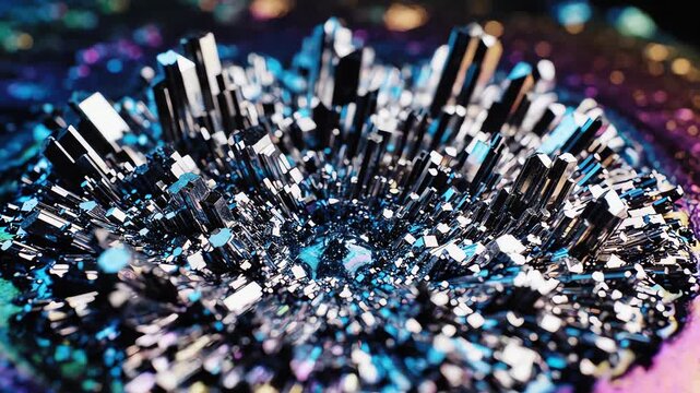 Cinematic macro timelapse of iridescent viscous liquid growing into intricate geometric crystal structures with metallic reflections