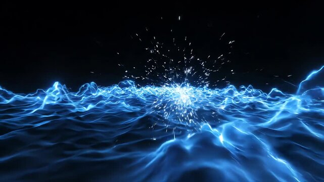 Cinematic motion of bright neon blue electric waves rippling through a dark void in a continuous fluid animation sequence