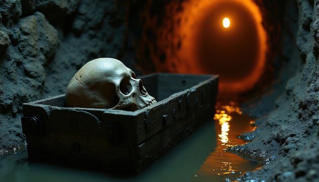Human skull rests inside old wooden coffin placed within dark underground tunnel. Wet stone walls surround grave box dim light glows at far end of passage. Creepy remains sit in water inside