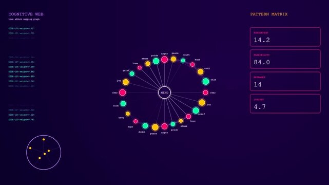 Innovative mental health monitoring technology dynamically tracks cognitive data as metrics shift across a futuristic digital interface analyzing human emotional states.