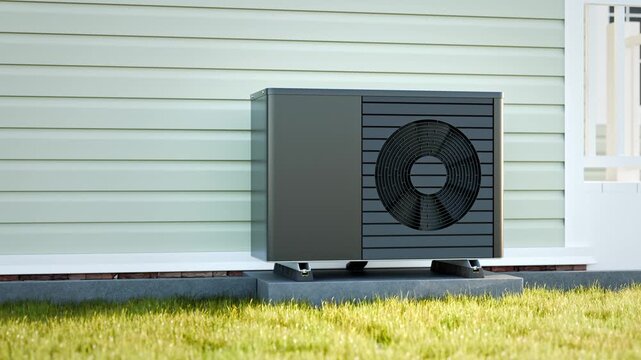Animated photorealistic 3d render of a dark fictitious air source heat pump with a rotating fan mounted to a concrete base  on the outside of a house.