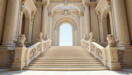 Obraz premium Grand stone staircase leads to ornate archway. Sunlight shines through entrance revealing bright blue sky. Classic architecture details create elegant pathway.