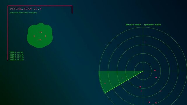 Digital mental health monitoring software displays fluctuating anxiety levels on a rotating radar sweep during a simulated continuous diagnostic psychological assessment.