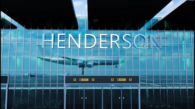 Airlane landing at Henderson, USA. Arrival in the city with reflection of airport and aircraft