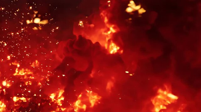 Dynamic abstract motion of intense red and orange vapor clouds moving rapidly across the frame simulating a raging fire sky
