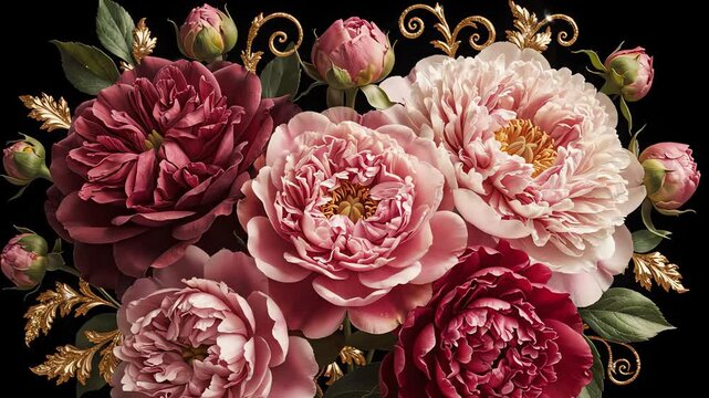 Elegant vintage floral pattern animation with blooming roses and peonies on a deep black backdrop for luxury visual design